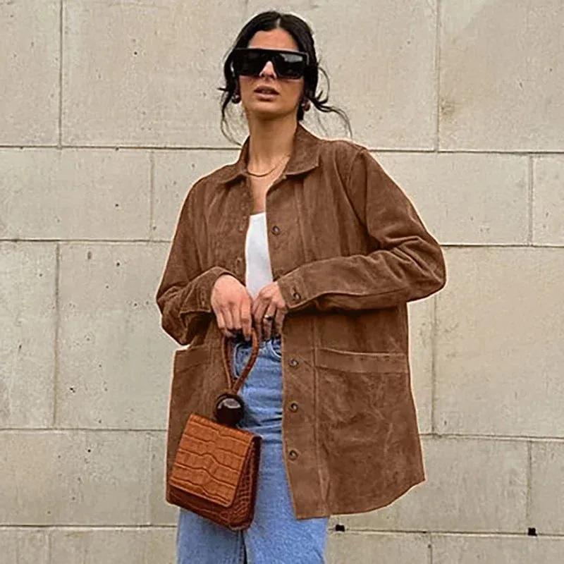 Casual Suede Long Sleeve Jackets Women Autumn Loose Brown Lapel Jacket Coat With Pockets Female Elegant Chic Street Outwear