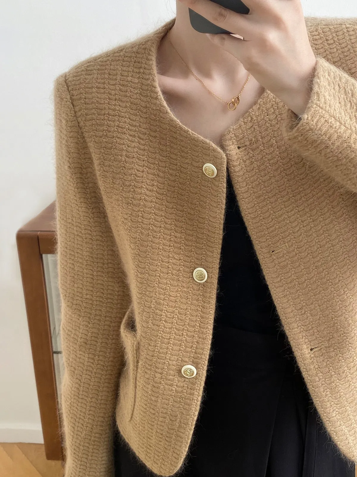 [Korean Style] High Quality Single Breasted Collarless Brushed Cropped Coat
